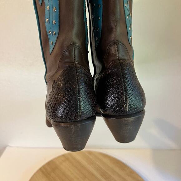 BCBG Y2K Brown Genuine Leather Studded Western Turquoise Boots Size 8.5 - Picture 6 of 16